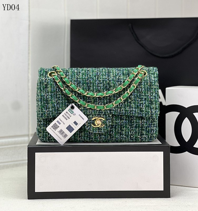 CHANELL Model A01112 Green Tweed Flap Bag