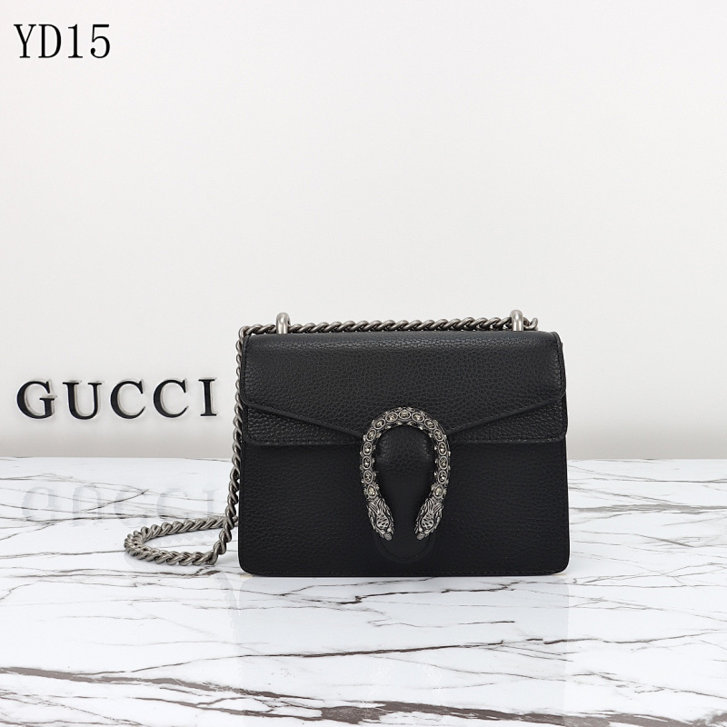 Gucc1 YD15 Black Leather Shoulder Bag with Silver Chain