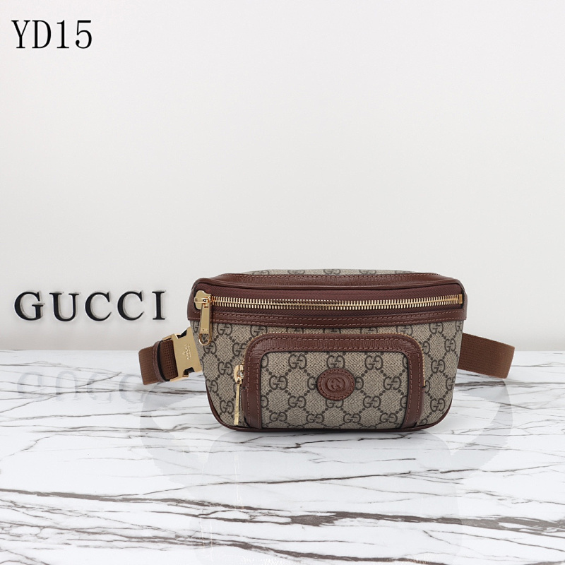 Gucc1 YD15 Belt Bag with GG Supreme Canvas and Brown Leather Trim