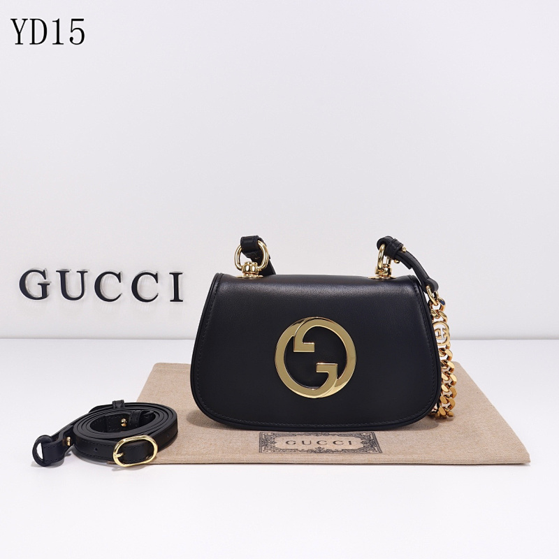 Gucc1 YD15 Black Leather Shoulder Bag with Gold GG Logo