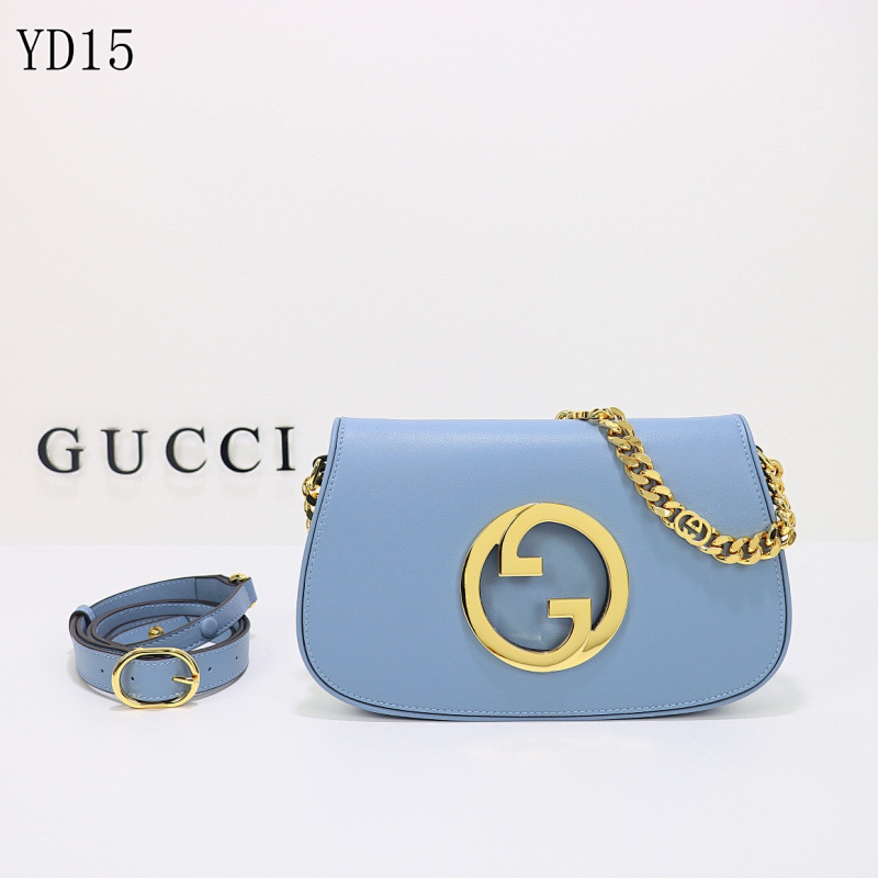 Gucc1 YD15 Light Blue Leather Shoulder Bag with Gold GG Logo