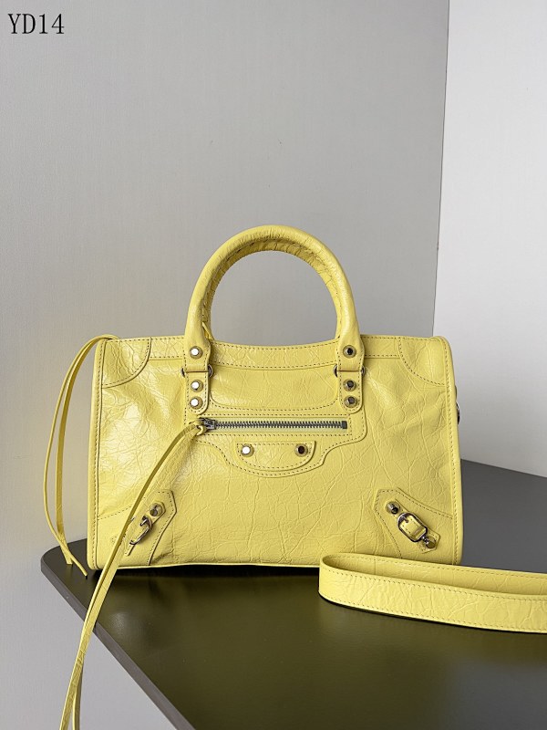 Balensiaga Le City # YD14 – Vibrant Yellow Cracked Leather Shoulder Bag