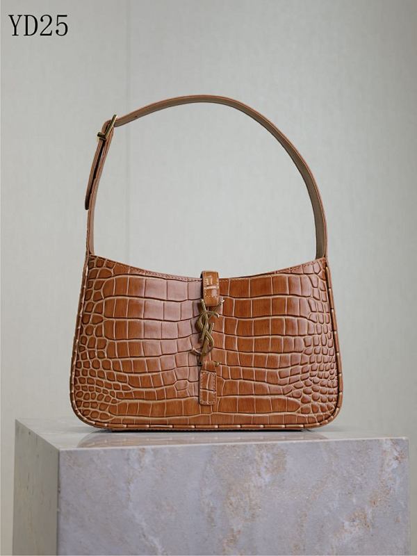 YSL Le5A7 Bag YD25 Crocodile-Embossed Caramel Brown Shoulder Bag
