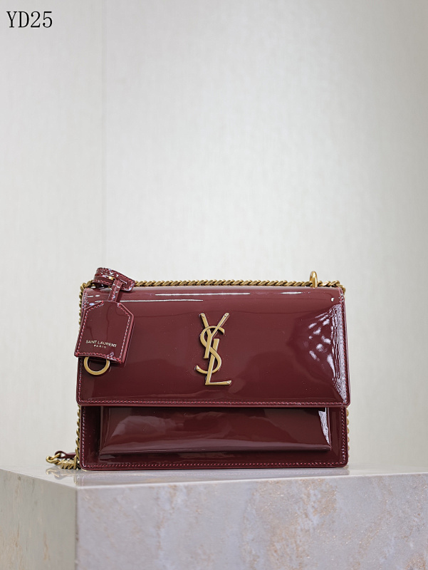 YSL YD25068 Sunset Bag – Burgundy Patent Leather with Gold Hardware