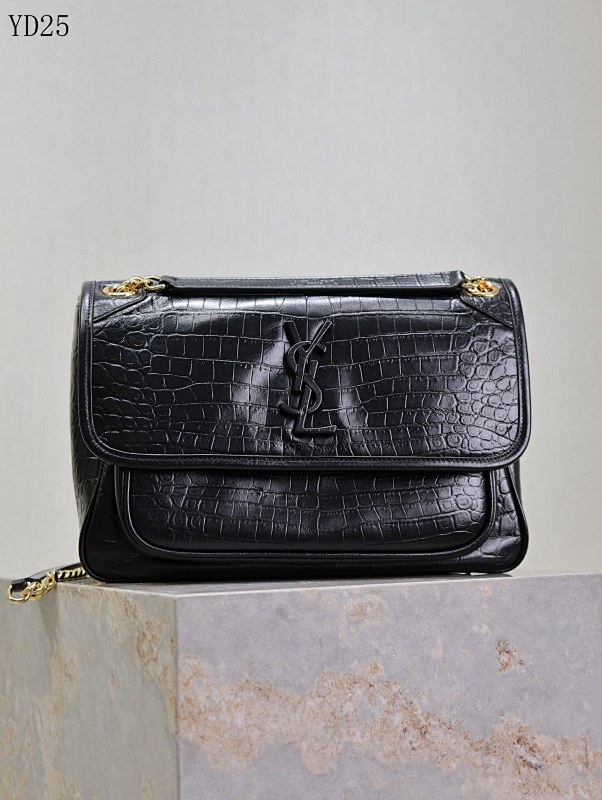 YSL YD25075 Crocodile-Embossed Leather Shoulder Bag
