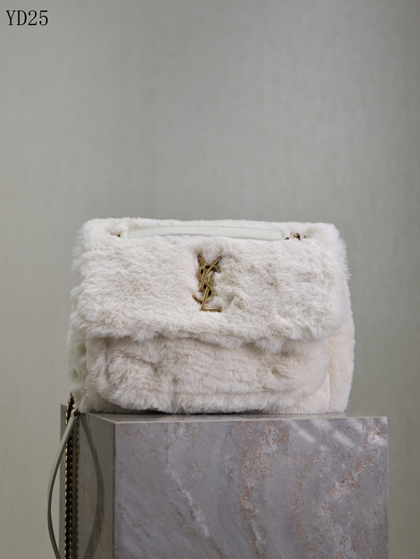 YSL YD25075 White Fur Trimmed Tote Bag