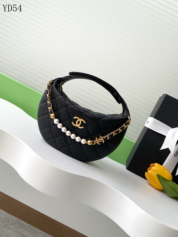 CHANELL AP4584 Black Quilted Caviar Pearl Chain Hobo Bag