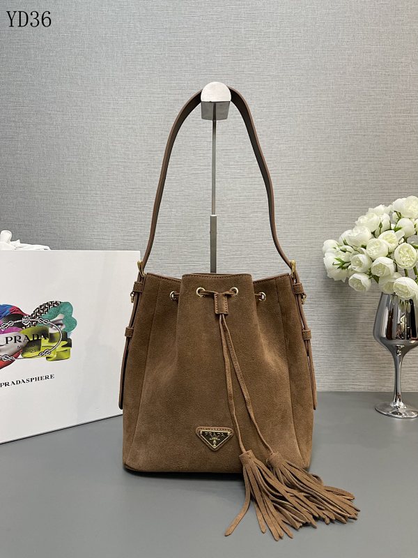 PRADA 1BE079 Suede Bucket Bag with Tassel