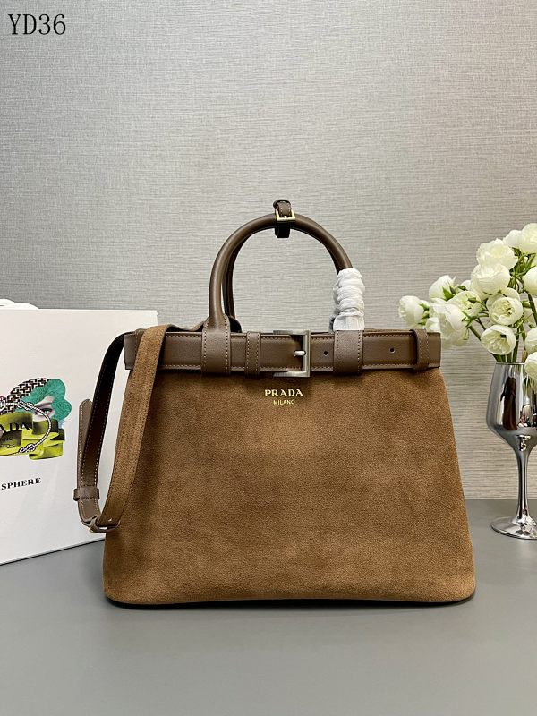Pr4da 1BA417 Double Bag Medium Suede Tote