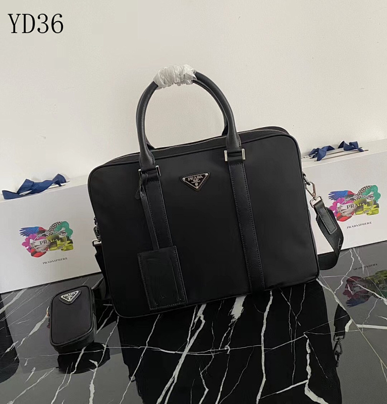 Pr4da YD36044 2VE872 Saffiano Leather Briefcase with Detachable Pouch
