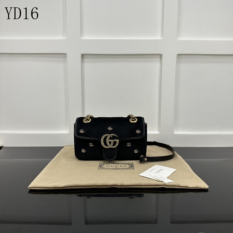 Gucc1 YD16 Black Velvet Shoulder Bag with Gold Hardware