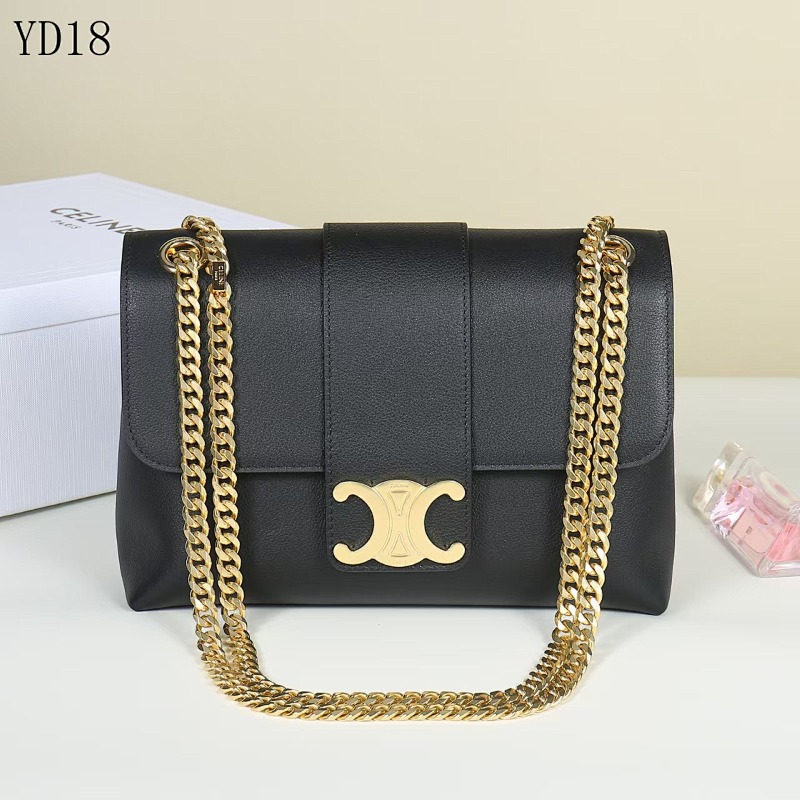 C3linee YD18 Black Leather Shoulder Bag with Gold Chain