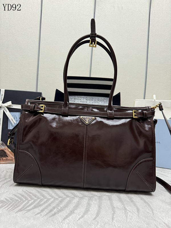Pr4da YD92091 Tote Bag in Brown Patent Leather