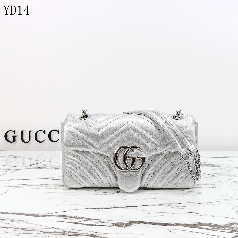 Gucc1 YD14058 Silver Quilted Leather Shoulder Bag