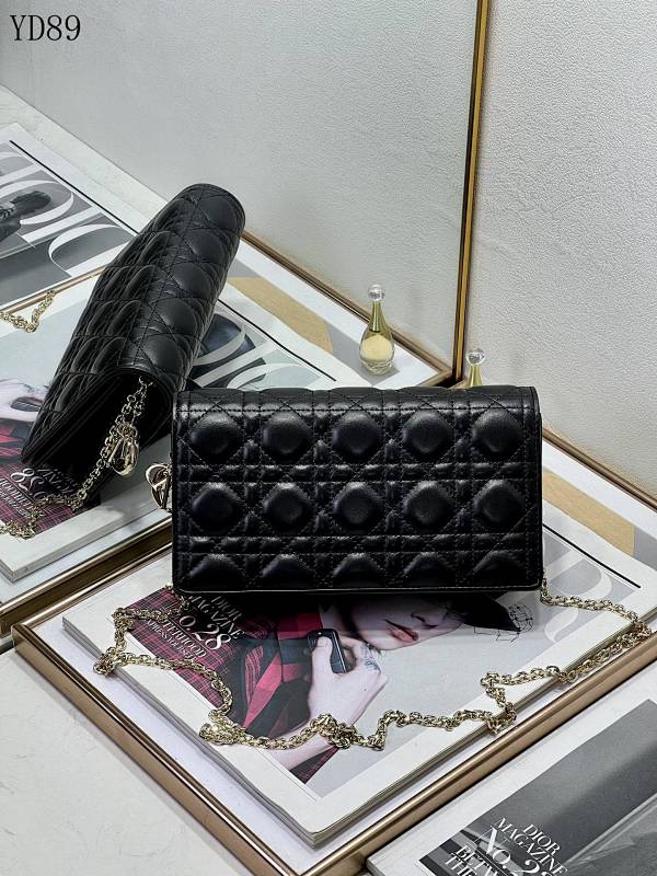 Diiior YD89058 Quilted Black Leather Wallet on Chain
