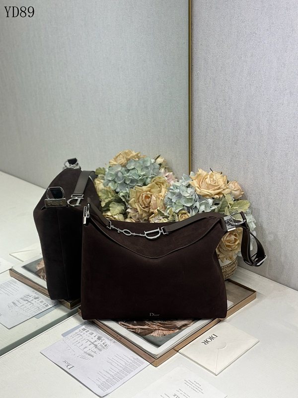 Diiior 1414 Large Saddle Bag in Brown Velvet and Leather with Silver Hardware