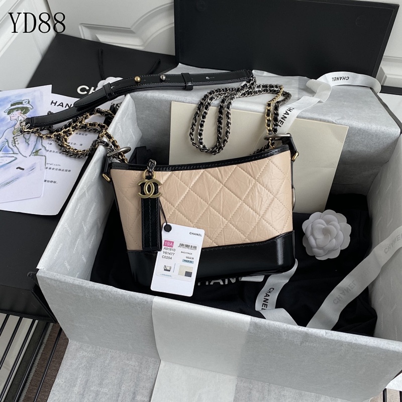 Chan3l Gabrielle Bag YD88073 Beige & Black Quilted Leather