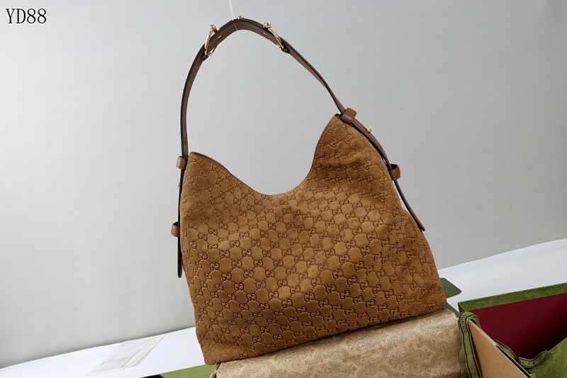Gucc1 YD8877 GG Emblem Shoulder Bag in Brown Suede