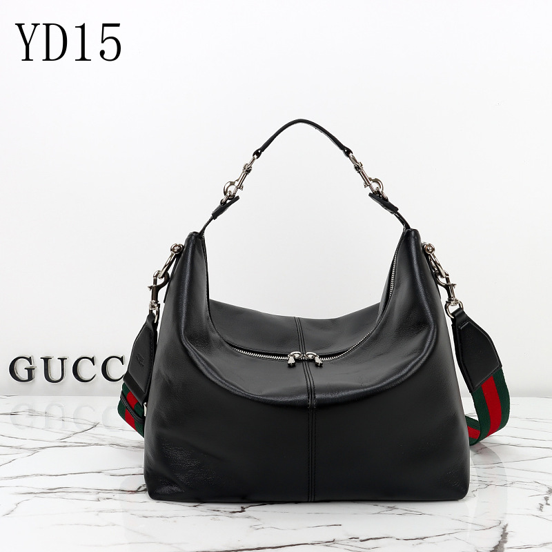 Gucc1 YD15 Hobo Bag in Black Leather with Web Strap