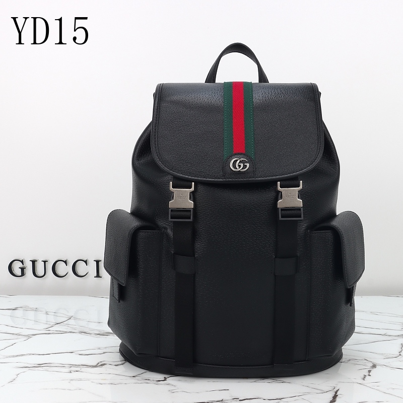 Gucc1 YD15 Backpack in Black Leather with Red and Green Stripe